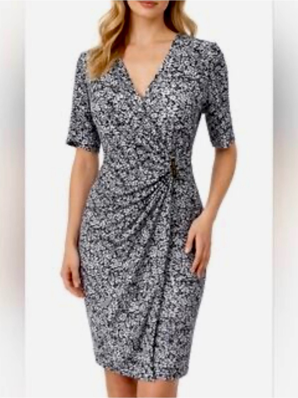 Michael Kors Black & White Floral Faux-Wrap Midi Dress - Picture 5 of 5